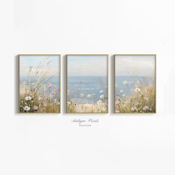 Coastal Wildflowers Neutral Ocean Vintage Floral Seascape Art Set 3 Unframed Paper Print 16x24