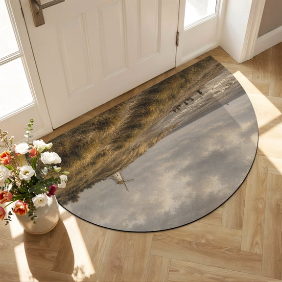 Coastal Windmill Diatomaceous Earth Bath Mat, Rustic Grassy Dunes Ocean Beach Clouds Gray Half Round Non-Slip Quick Dry Door Mat Super Absorbent Bath Rug for Bathroom Kitchen Laundry 16x24in