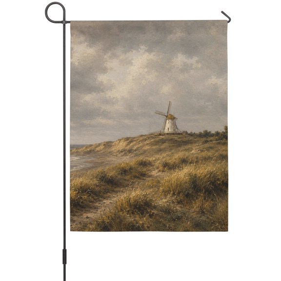 Coastal Windmill Garden Flag 12 x 18 Inches, Rustic Grassy Dunes Ocean Beach Clouds Gray Weather Proof Outdoor Patio Flags Double Sided Small Garden Decoration for Yard Outside Home