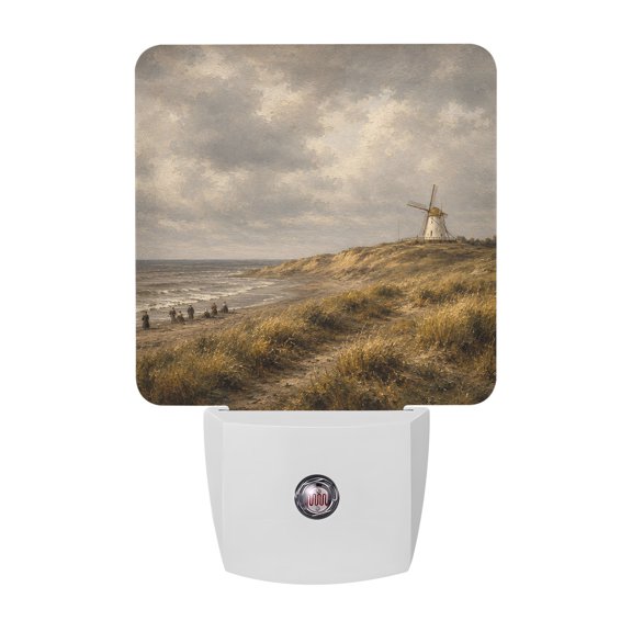 Coastal Windmill LED Night Light, Rustic Grassy Dunes Ocean Beach Clouds Gray Night Lights plug into Wall with Smart Sensor Dusk to Dawn Sensor for Nursery Bedroom 2.95x4.5in