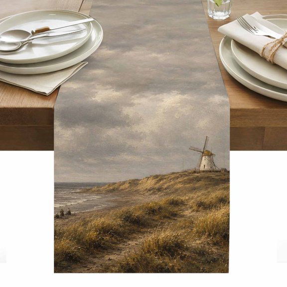 Coastal Windmill Table Runner 13x36 Inch Rustic Grassy Dunes Ocean Beach Clouds Gray Cotton Linen Dining Table Runner Ideal for Dresser Kitchen Coffee Tables - Machine Washable