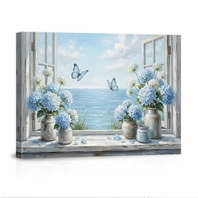 Coastal Window Blue Hydrangea Butterfly Ocean View Floral Landscape USA Made Canvas