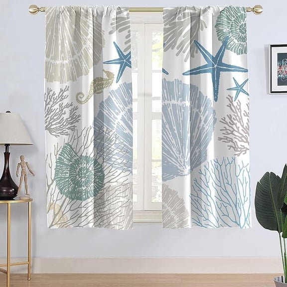 Coastal Window Curtain Beach Nautical Ocean Starfish Seashell Seahorse Conch Tropical Beachy Blackout Curtains For Living Room Bedroom Window Drapes Treatment 26"W x 45"L (Pack of 2)