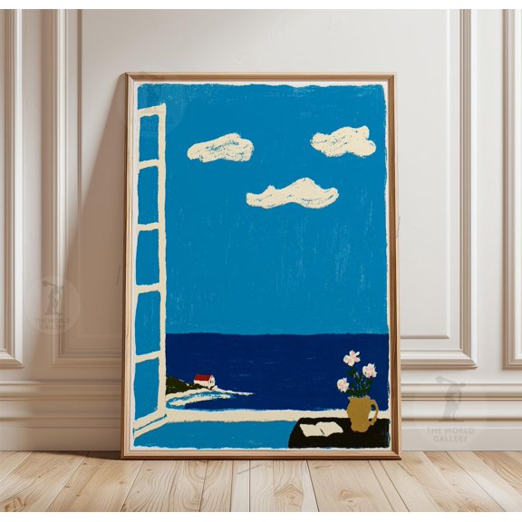 Coastal Window Poster, Blue Seascape Wall Art, Paper Print, Poster Only