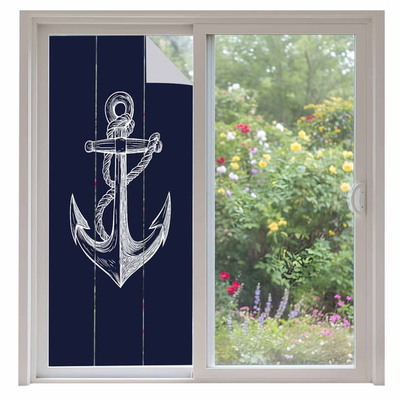 Coastal Window Privacy Film Illustration Anchor Rope Dark Blue Decorative Glass Window Film UV Blocking Static Cling Non-Adhesive Sticker Covering for Home Door 35.4x78.7 inches