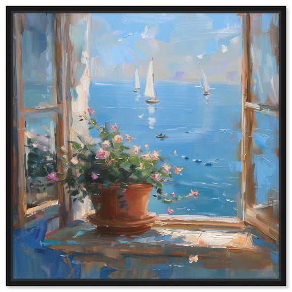 Coastal Window View Canvas Classic Landscape Art by Art Remedy, Black Frame, 12" x 12"