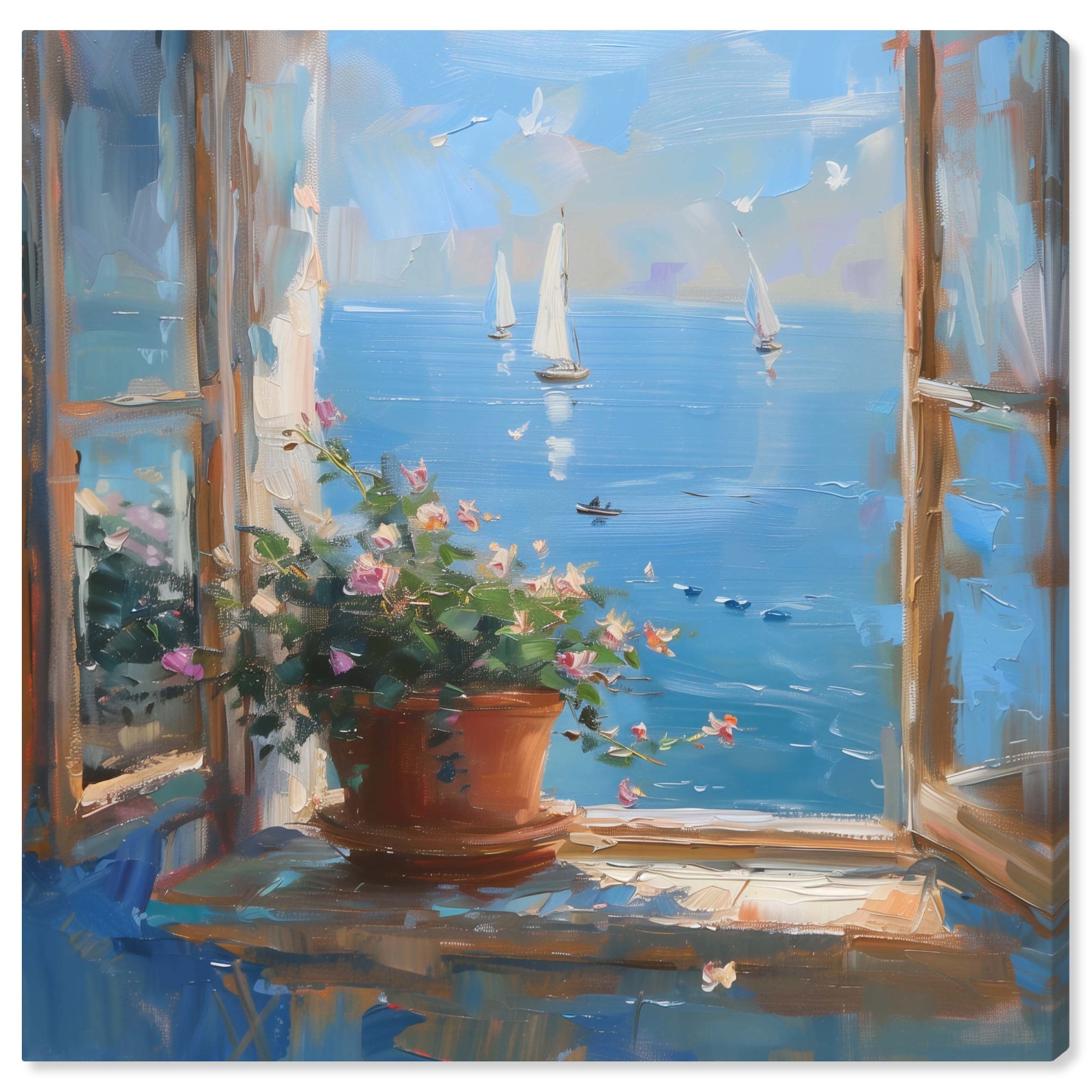 Coastal Blue and Brown Canvas Landscape Art, 12" x 12"