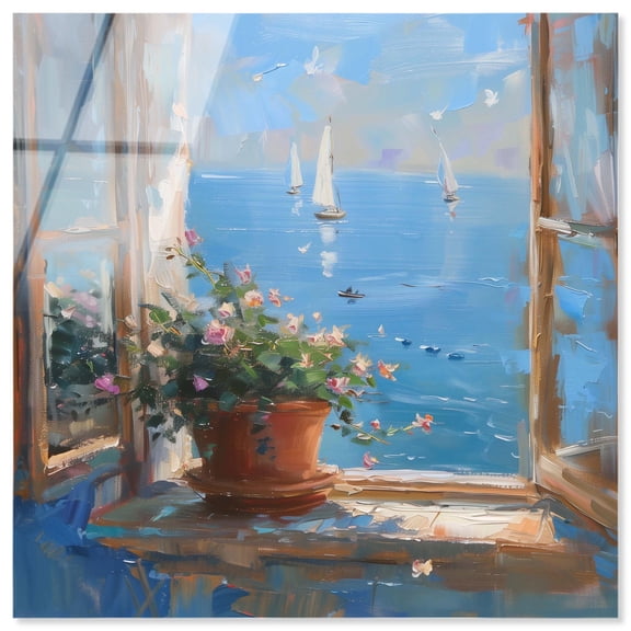 Coastal Window View High-Gloss Frameless Acrylic Glass Wall Art Clasic Landscape by Art Remedy, Ready to Hang, 12 x 12