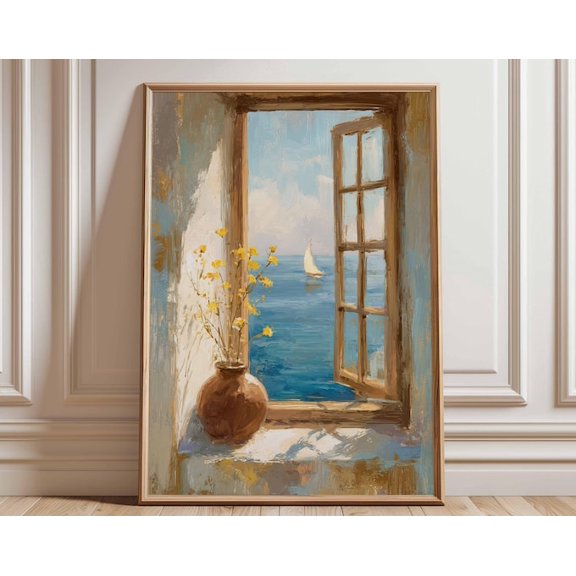 Coastal Window View Mediterranean Sea Sailing Boat Summer Nautical Wall Art Print, Unframed Paper Poster 8x10in