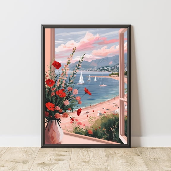 Coastal Window View Poster, Mediterranean Beach Wall Art, Seaside Landscape Print, Summer Ocean Decor, French Riviera Artwork , Poster Print Only