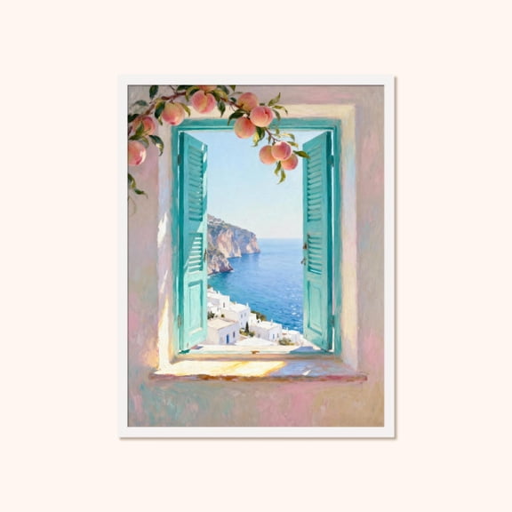 Coastal Window View Wall Art, Mediterranean Teal Shutters Unframed Paper Print