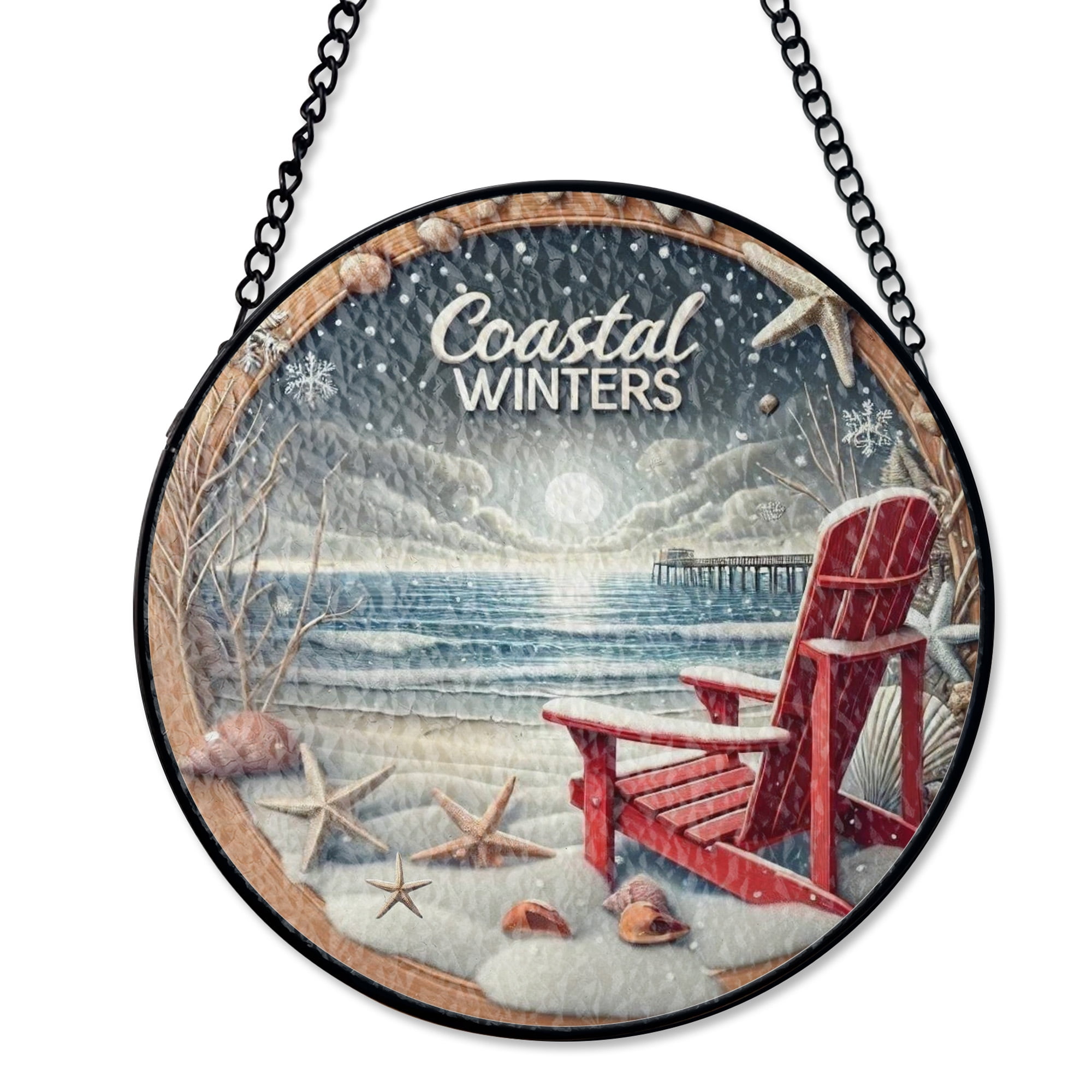 Coastal Winter Red Chair Driftwood Suncatcher Stained Glass Style UV Printed Glass Beach Holiday Home Decor Round