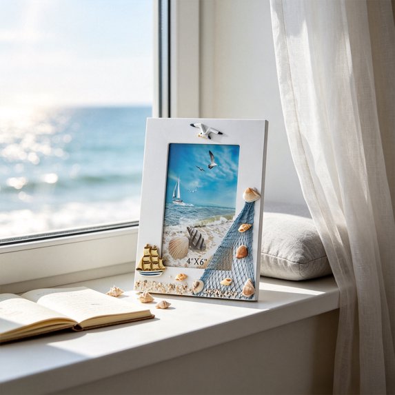 Coastal Wooden Picture Frame, 7.8*5.9 inch Seashell, Starfish & Fish-Shaped Photo Holder with Display Stand for Desktop, Shelf, Bedroom, Living Room, Office or Beach House Wall Decor