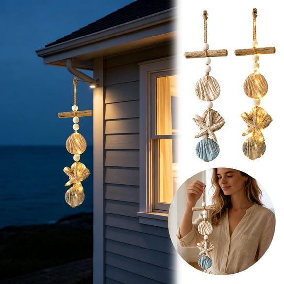 Coastal Wooden Shell Wall Hanging with LED Light, Luminous Beach Style Decor with Pearl Beads and Rope, for Bathroom Bedroom and Seaside Areas, 13.8" x 5.1"