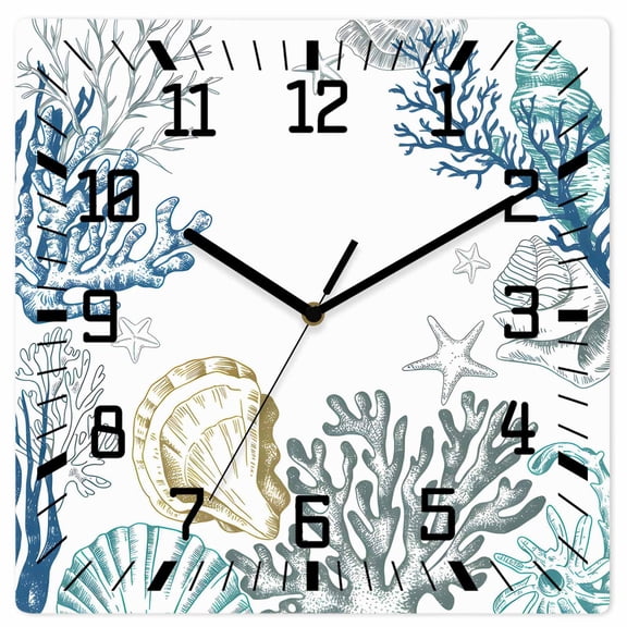 Coastal Wooden Wall Clock Silent Non Ticking, Ocean Coral Shell Turquoise Blue Conch Square Wall Clocks Battery Operated, Decor Clock for Home Office, Living Room, Kitchen, 10 Inch