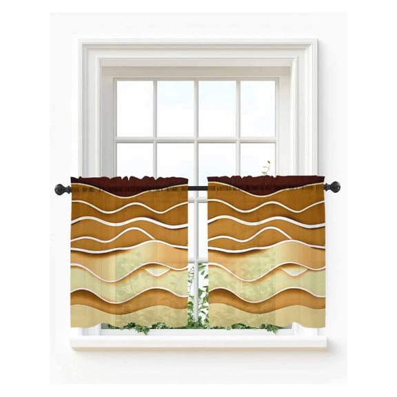 Coastal Yellow Tier Curtains 24 Inch Length,Sheer Curtains for Bedroom Living Room Window Ombre Ocean Wave Stripes Brown Beach Sand Small Half Window Kitchen Curtains & Drapes 27.5"x24" 2 Panels