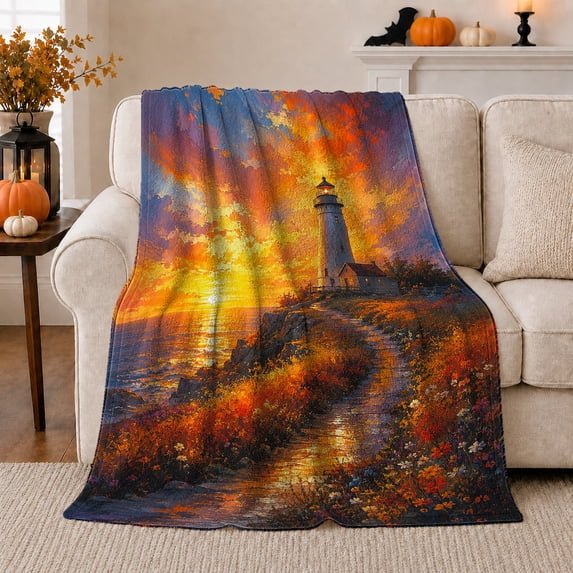 Coastal lighthouse sunset Flannel Blanket warm ocean landscape artwork Home Decor for couch bedroom reading nook, Father's Day Gift for lighthouse and nature lovers