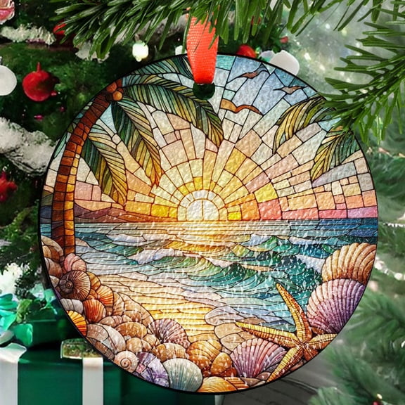 Coastal seashell Sunset Beach Glass Suncatcher Beachy Starfish Ornament with Shells, Beach House Decor, Marine Life Ornament, Beach Life, 2025, Holiday 2025, Holiday Decoration,