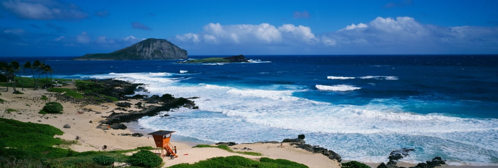 Coastal waves on Makapuu Beach lifeguard climbing tower Oahu Hawaii USA Canvas Art - Panoramic Images (36 x 12)