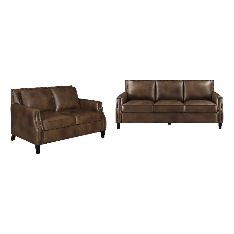 Coaster 2Piece Farmhouse Upholstered Recessed Arms Leather Sofa Set in