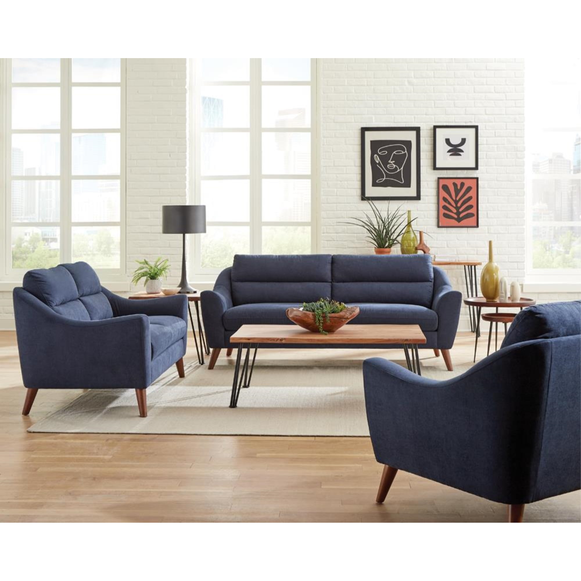 Navy Blue Mid-Century Modern Upholstered Sofa Set