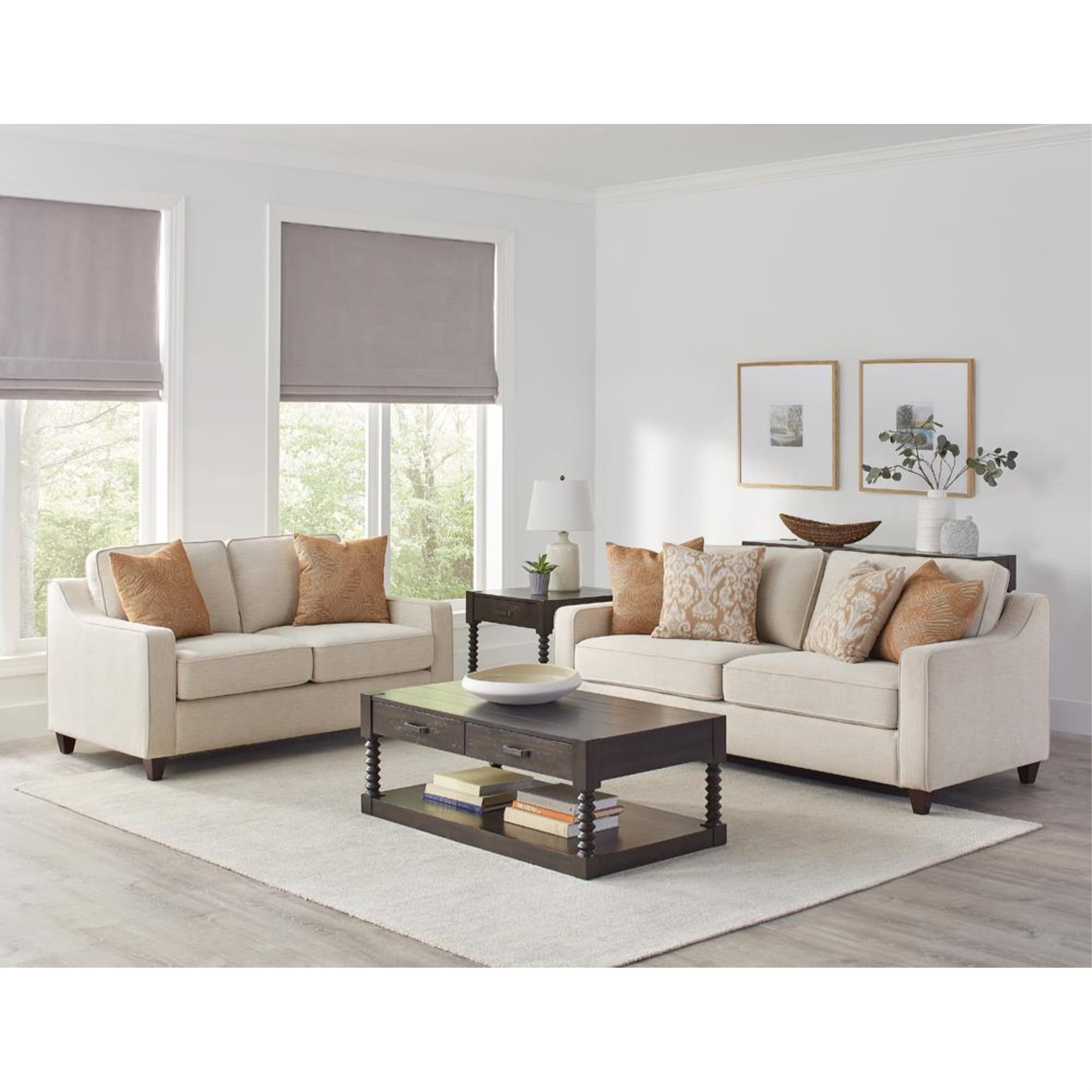 Beige Chenille Cushion Back Sofa and Loveseat Set