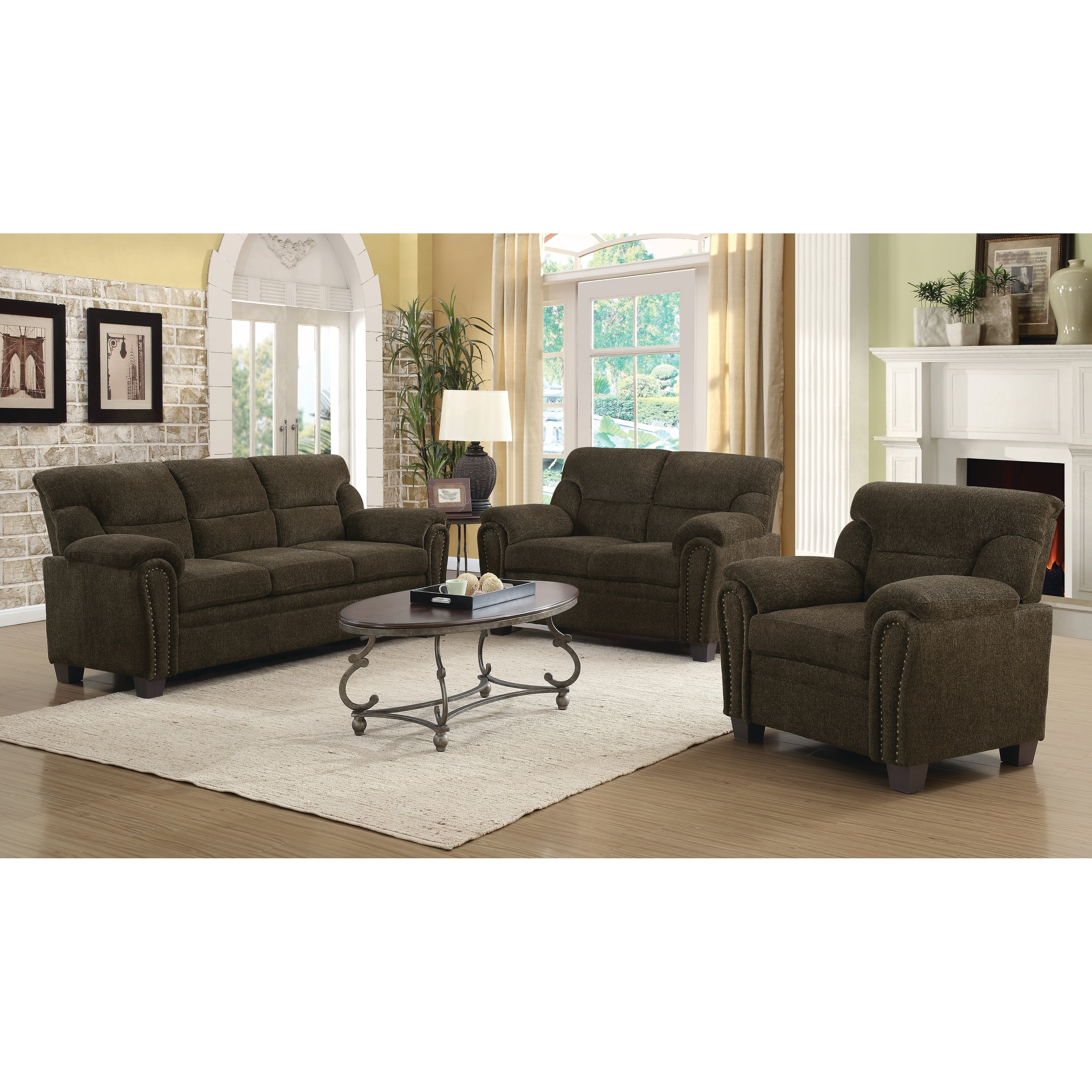 Brown Chenille 3-Piece Sofa Set with Nailhead Trim