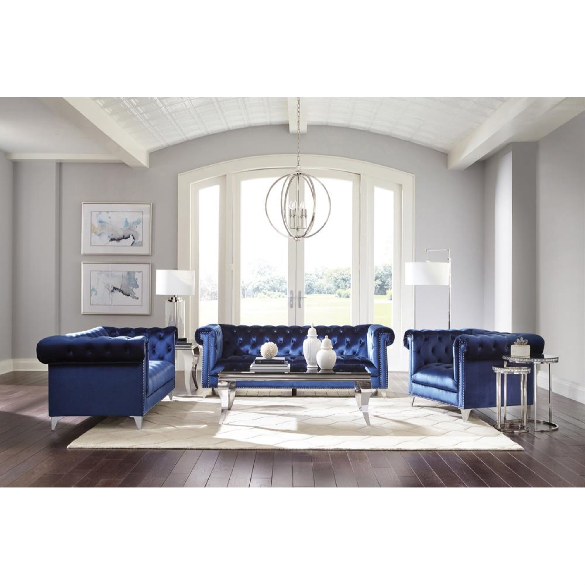 Blue Velvet 3-Piece Chesterfield Sofa Set with Silver Legs