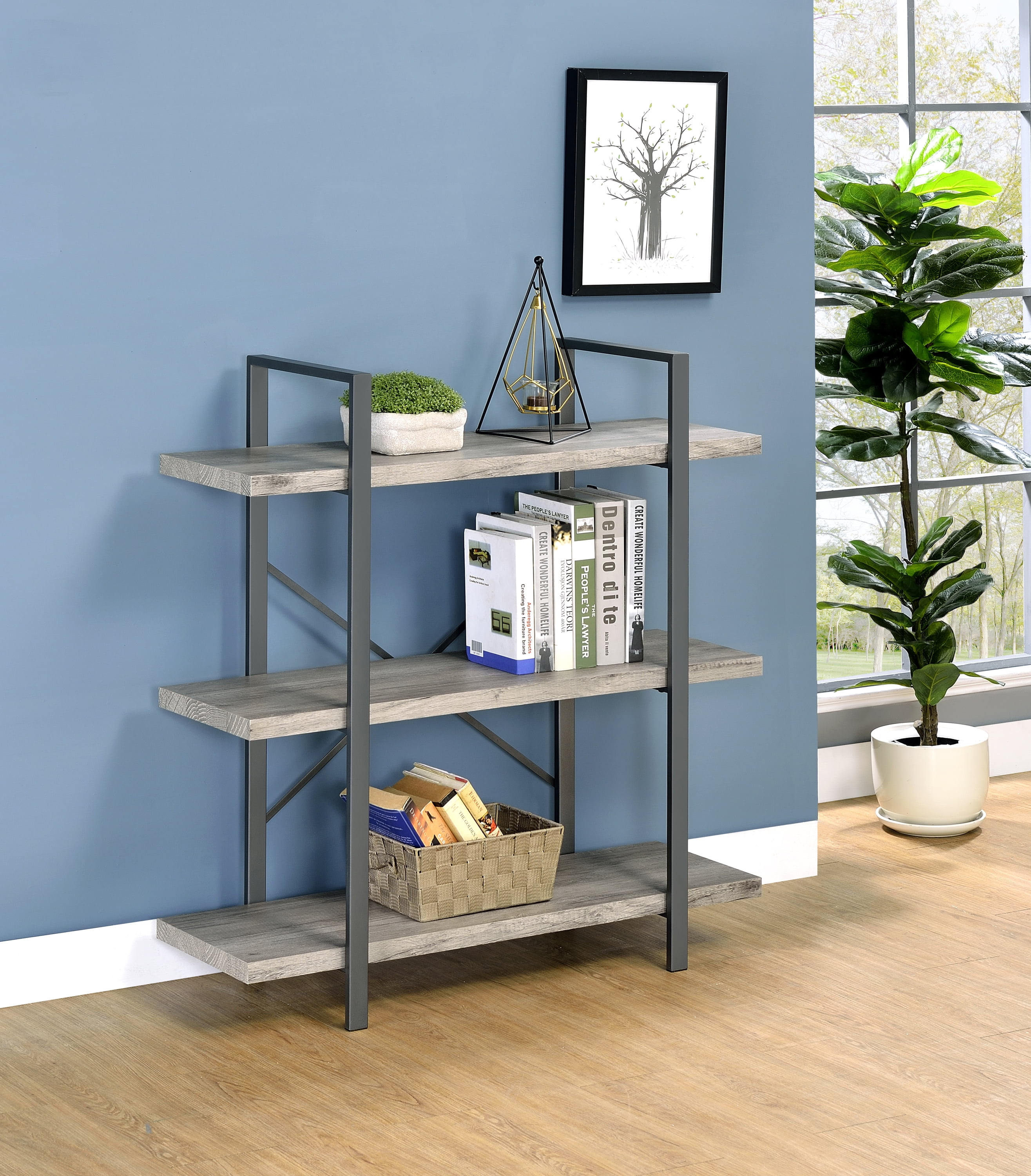 Pearl Silver Transitional 3-Shelf Bookcase in Gray Driftwood
