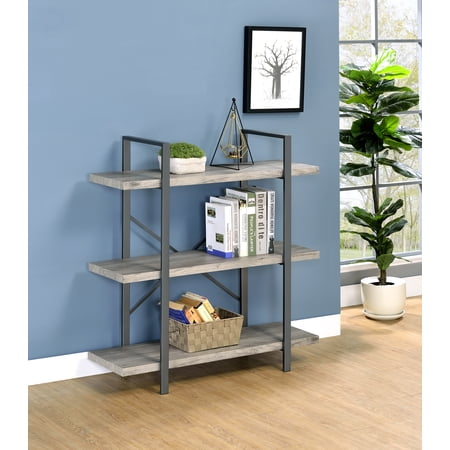 Cole 3-Shelf Bookcase Grey Driftwood and Gunmetal