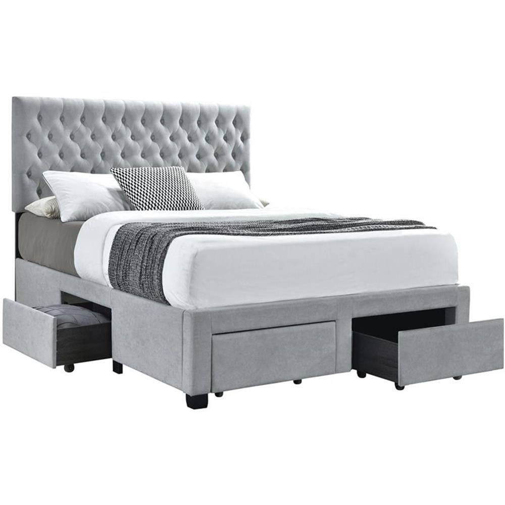 Gray Upholstered Queen Storage Bed with Tufted Headboard and Drawers