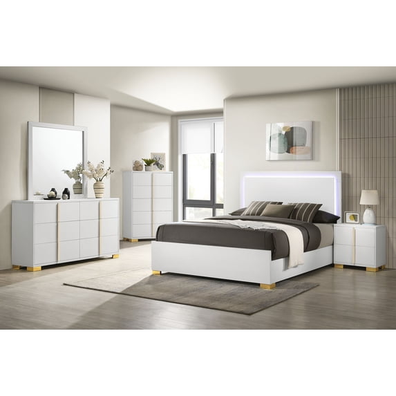 Coaster 4-Piece Contemporary Wood Queen Bedroom Set in White/Gold