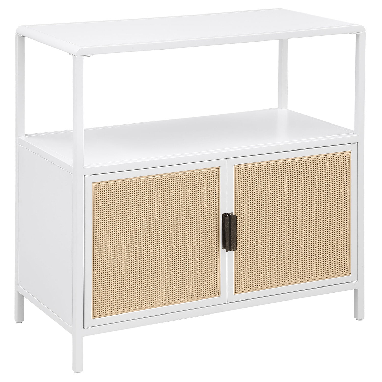White and Beige Metal Accent Cabinet with Cane Doors