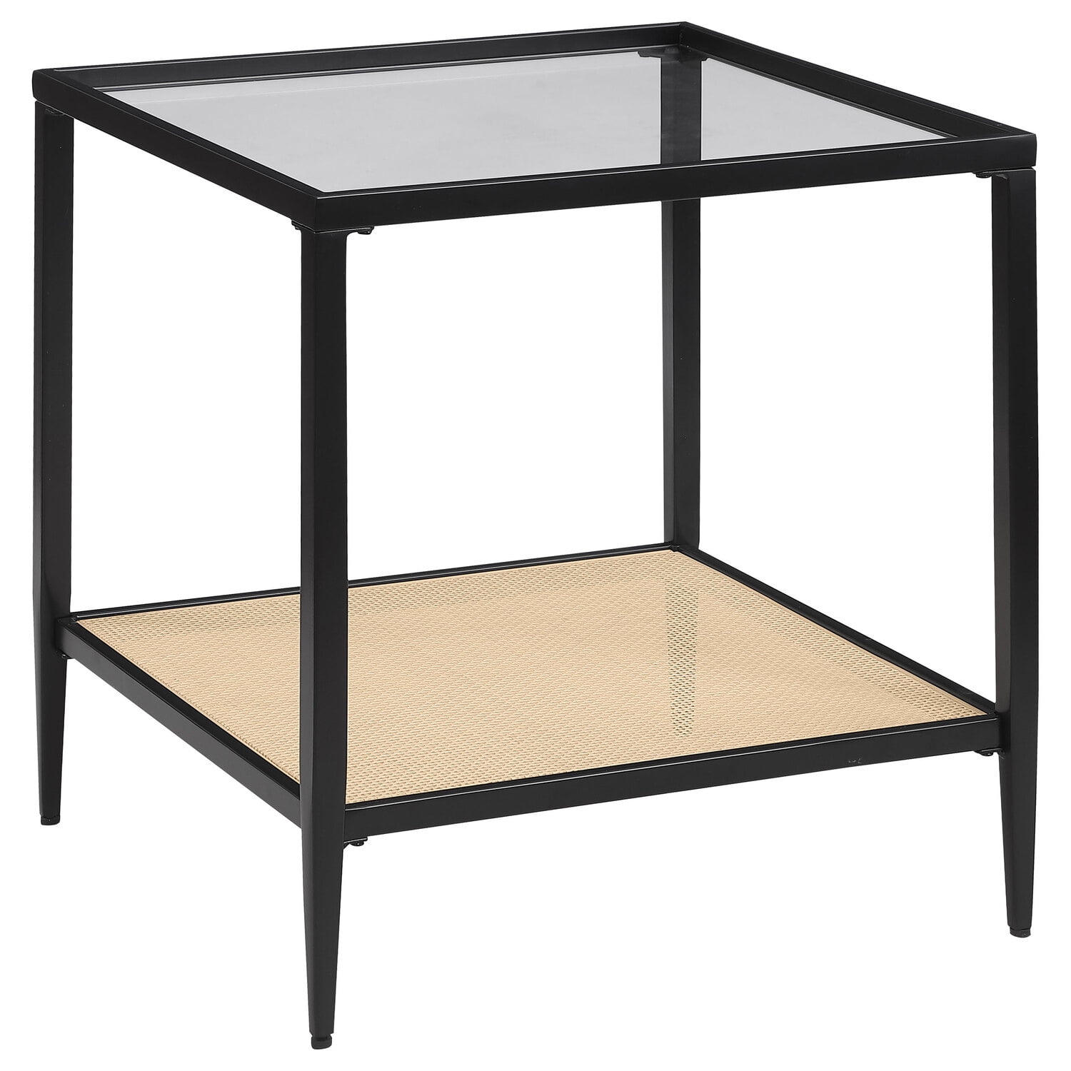 Black Metal and Glass Square End Table with Cane Shelf