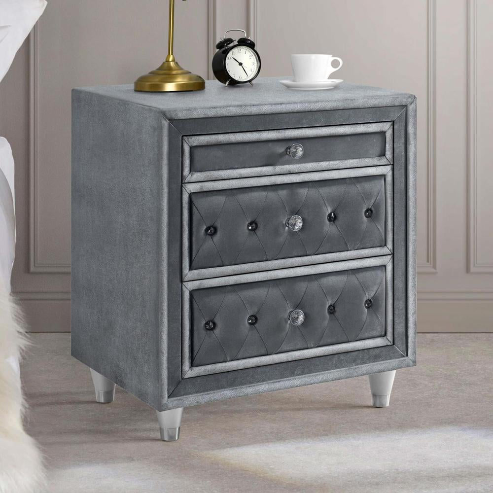 Coaster Antonella 3 Drawer Upholstered Nightstand Grey