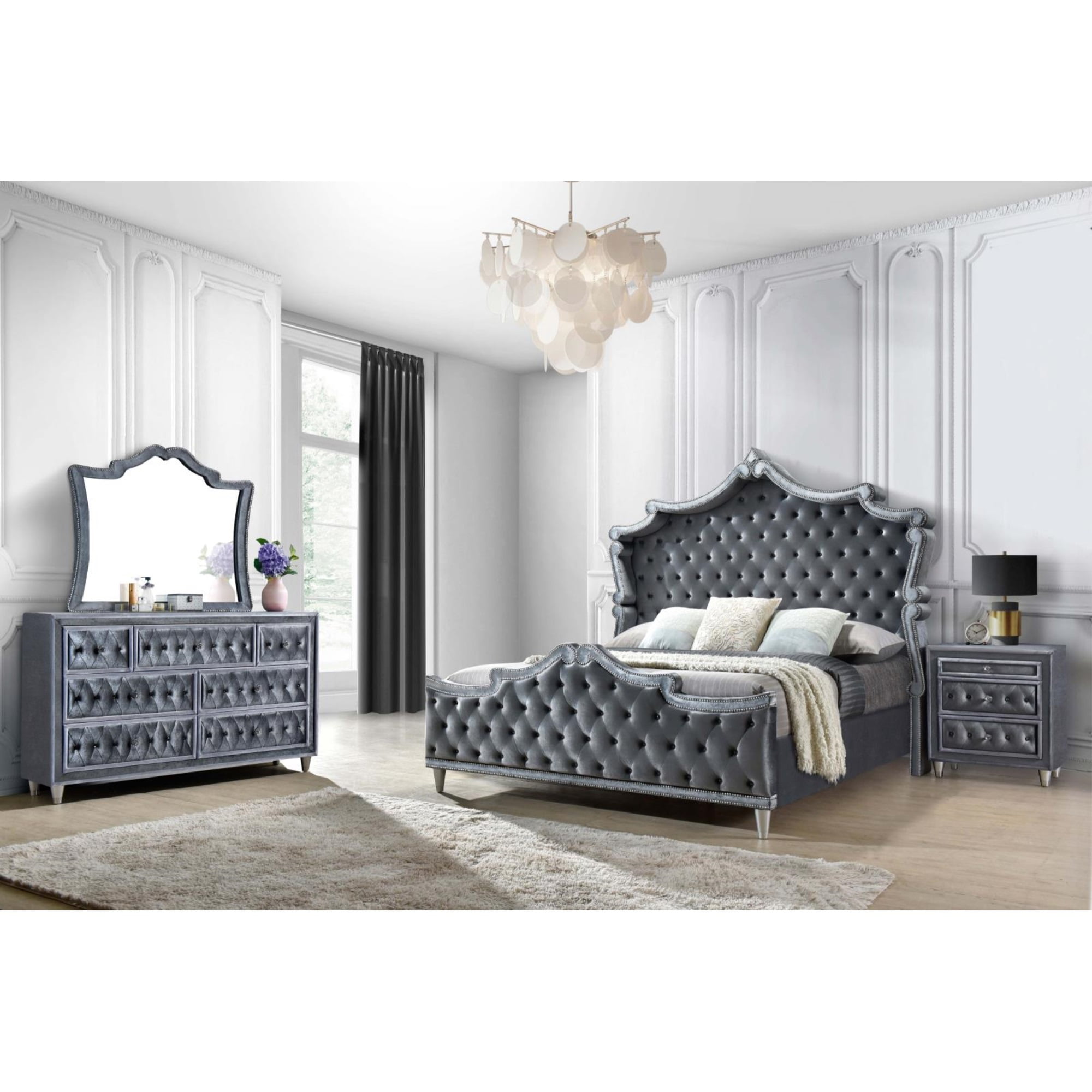 Gray Velvet Tufted Queen Bedroom Set with Crystal Accents
