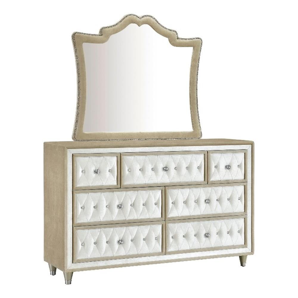 Ivory and Camel 7-Drawer Upholstered Dresser with Mirror