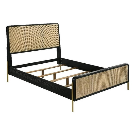 Arini Queen Bed with Woven Rattan Headboard Black and Natural