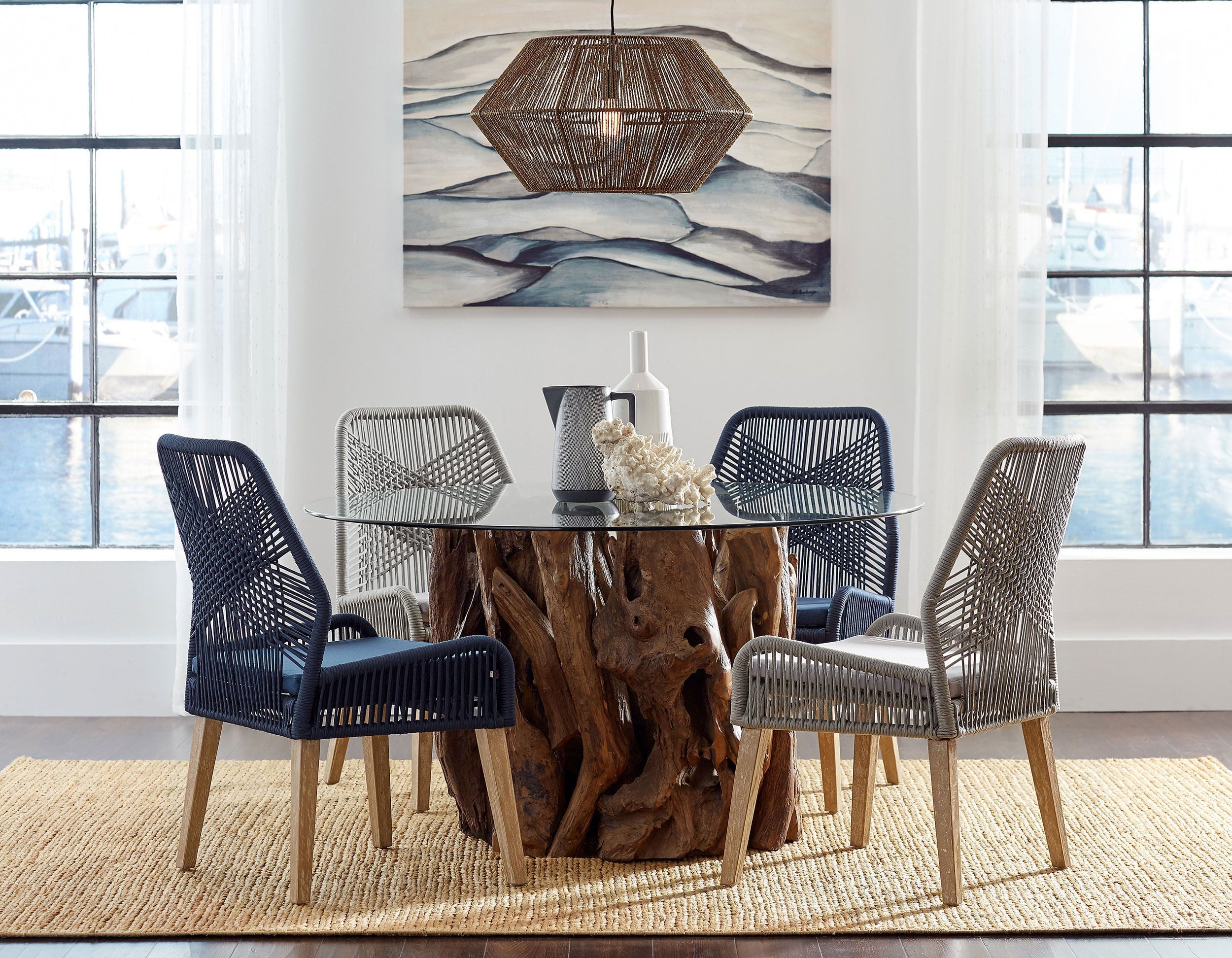 Asbury Round Glass Top Dining Table with Natural Teak Base