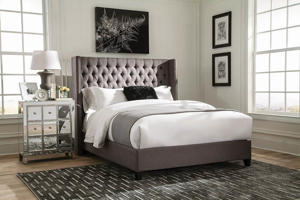Gray Tufted Upholstered Queen Bed with Nailhead Trim