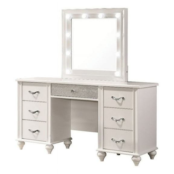 Coaster Barzini 7-Drawer Wood Vanity Desk with Lighted Mirror in White