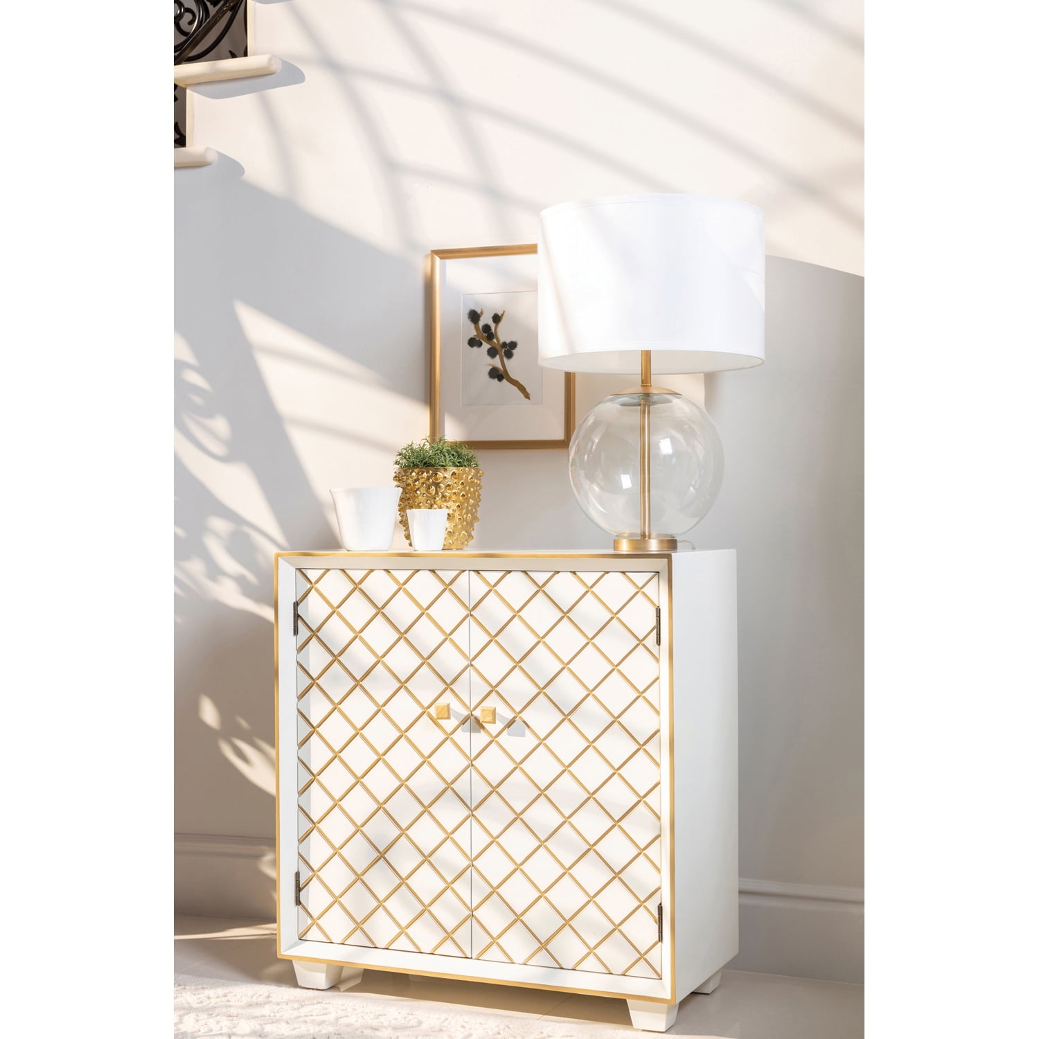 Belinda White and Gold MDF Accent Cabinet with Adjustable Shelving
