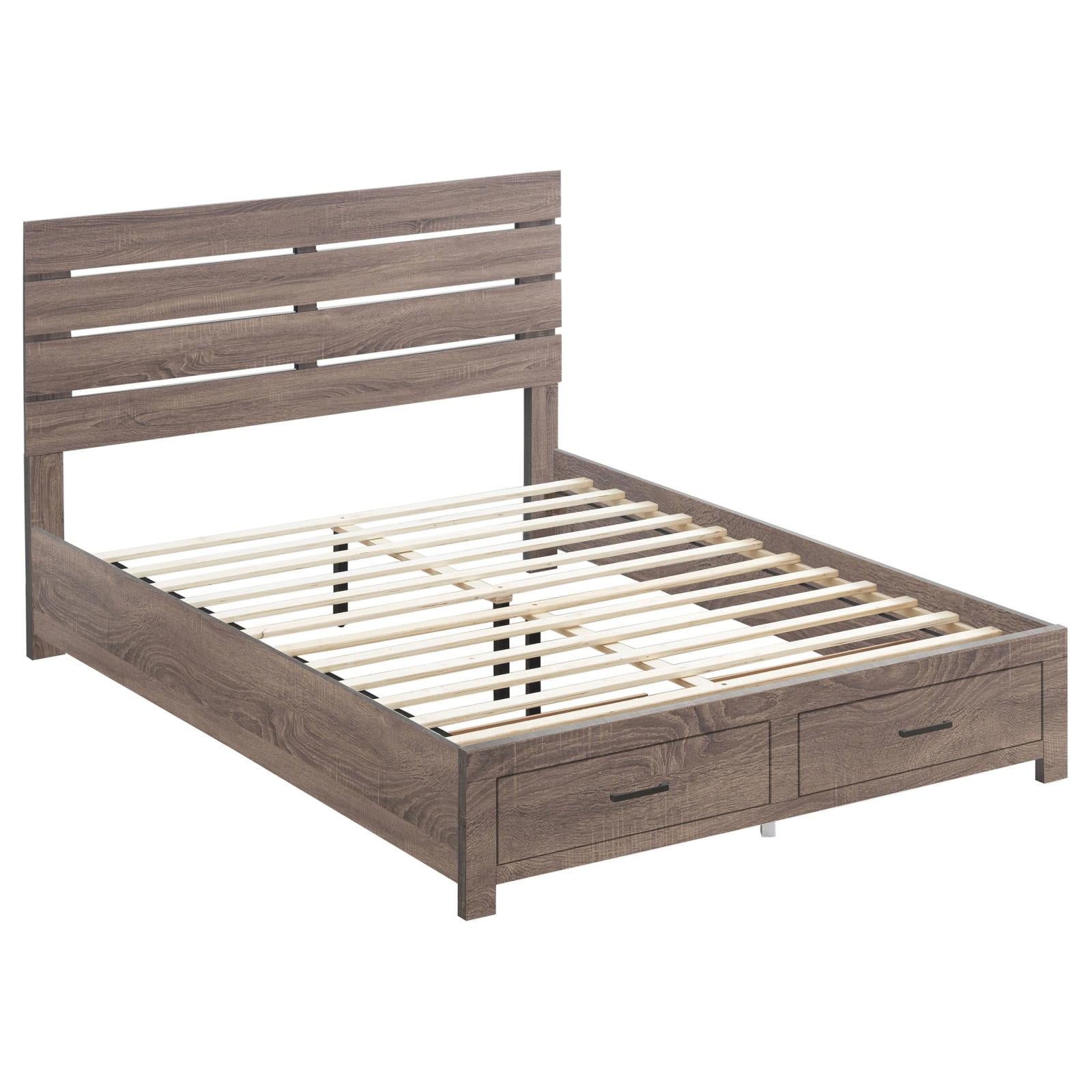 Barrel Oak Queen Storage Bed with Plank Headboard and Drawers