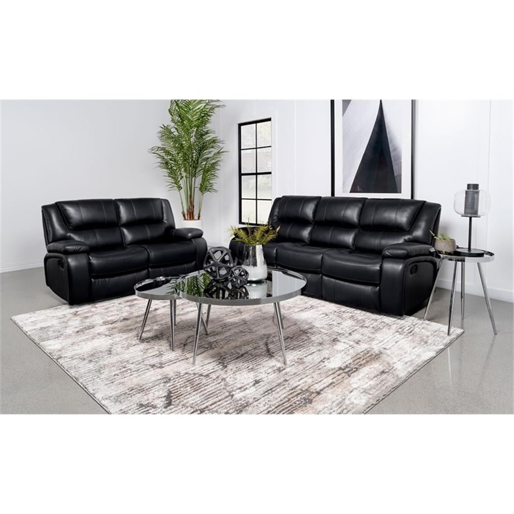 Black Faux Leather Tufted Reclining Sofa Set with Pillow-top Arms