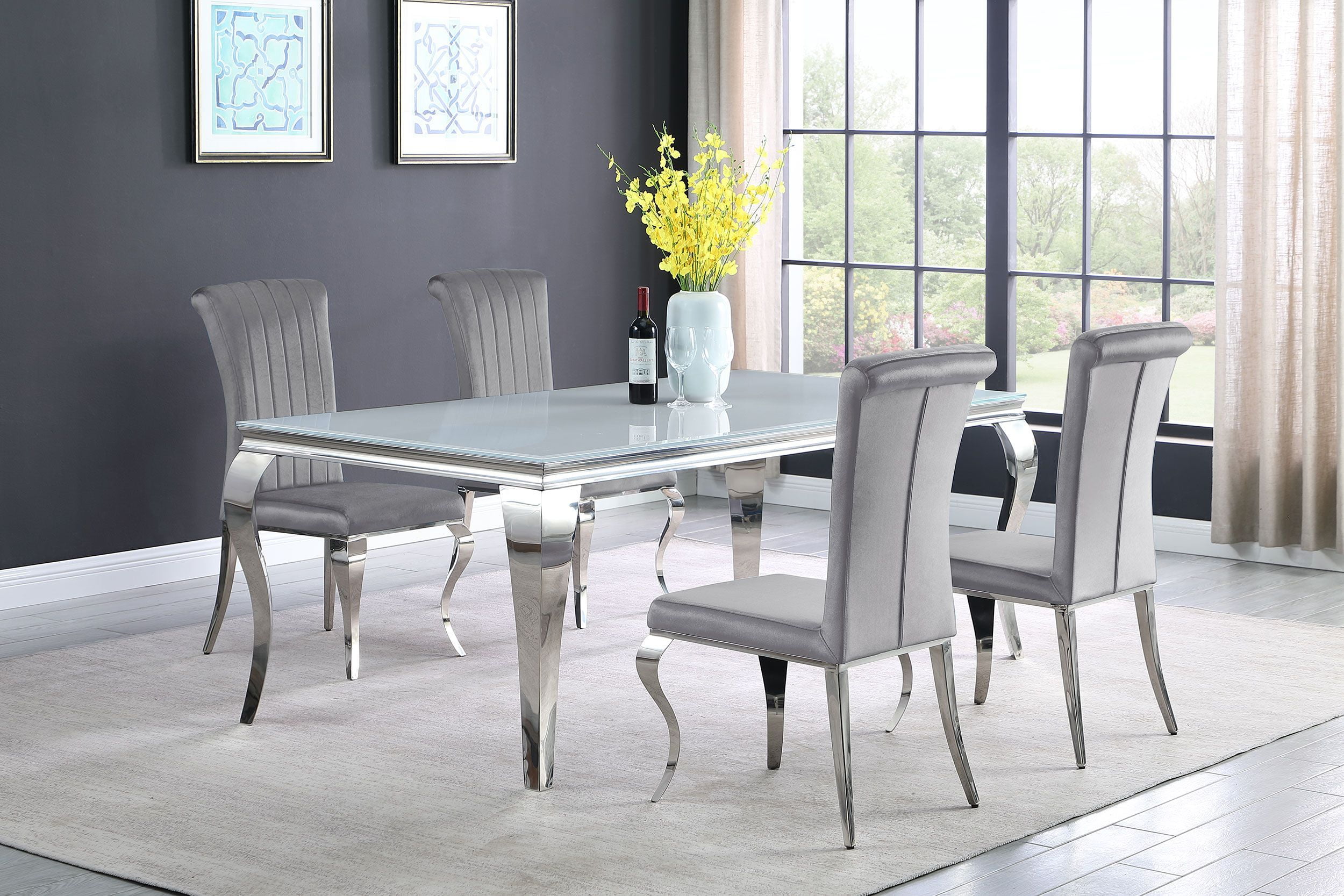 Gray and Chrome Velvet Upholstered Dining Set with Glass Top