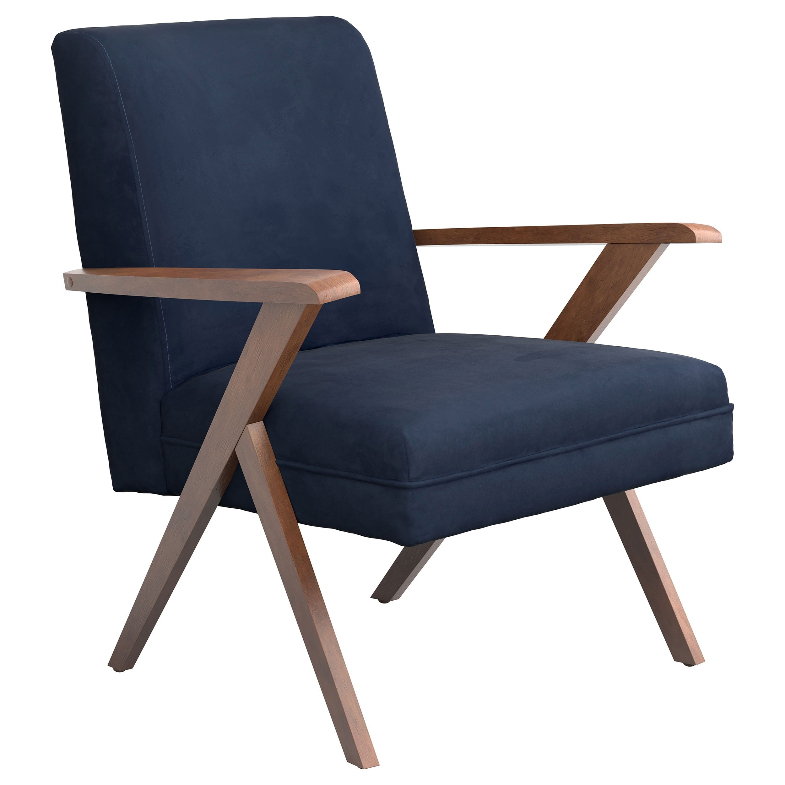 Transitional Dark Blue Velvet Accent Chair with Walnut Arms