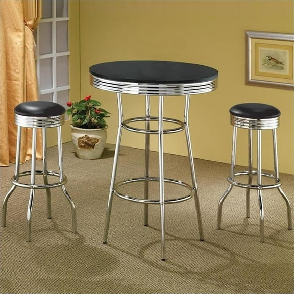 Coaster Cleveland 3 Pcs Chrome Bar Set with 2 Stools and Round Table, Silver/Black