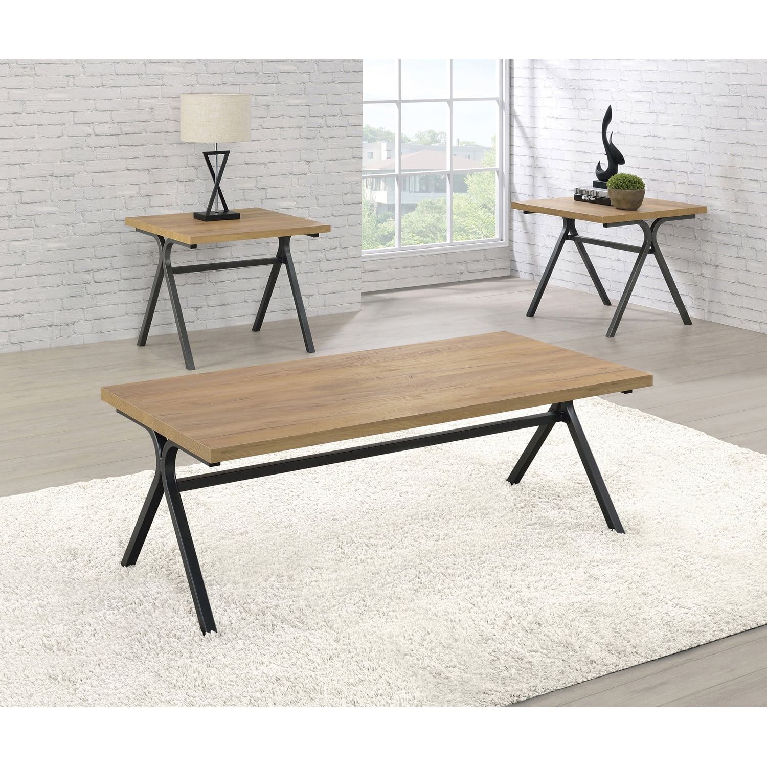 Golden Oak and Gunmetal 3-Piece Rectangular Coffee Table Set