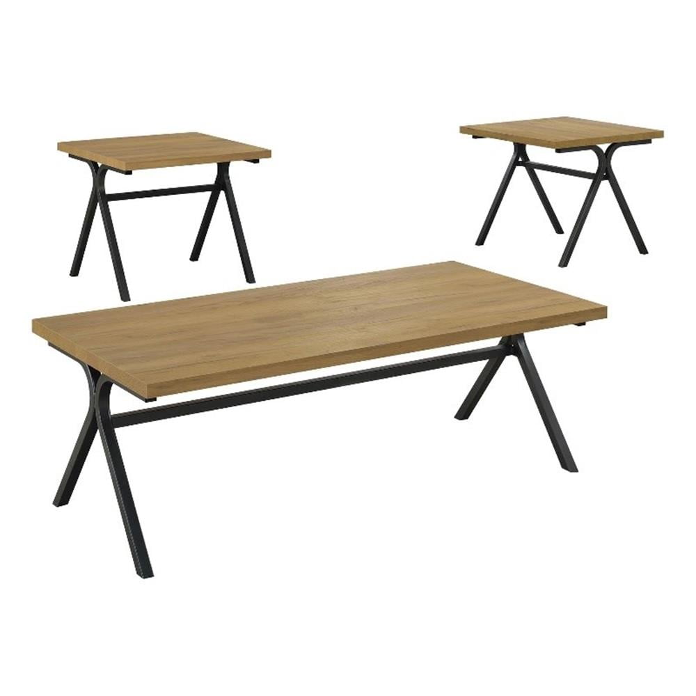 Golden Oak and Gunmetal 3-Piece Rectangular Coffee Table Set