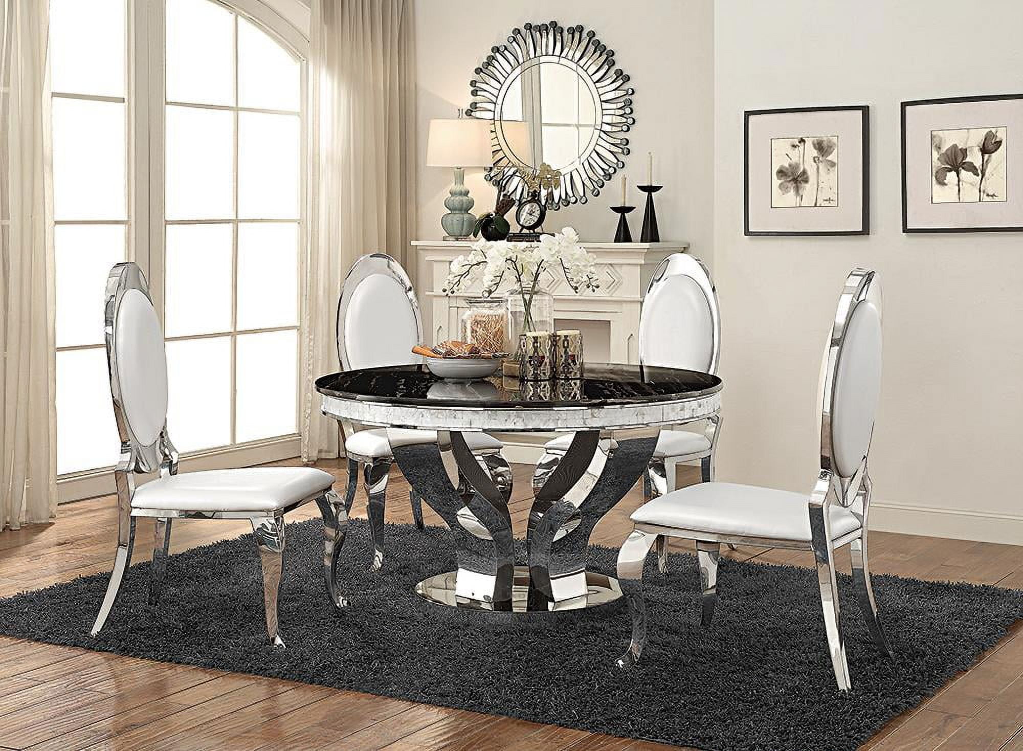 Chrome and Black Marble 5-Piece Dining Set with White Leatherette Chairs